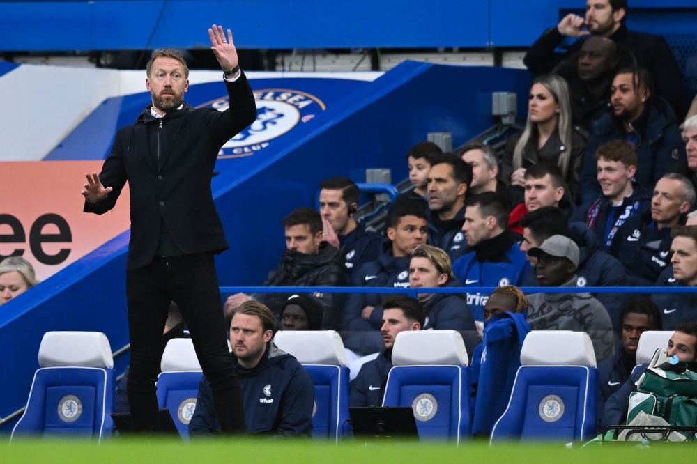 Chelsea's English head coach Graham Potter gestures during the English Premier League football match between Chelsea and Aston Villa at Stamford Bridge in London on April 1, 2023. — AFP pic