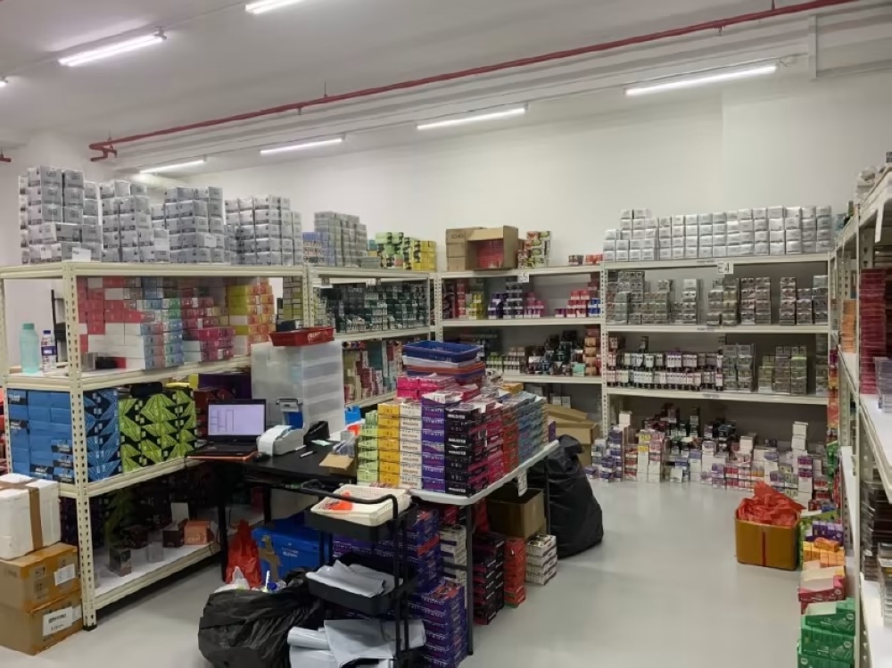 E-vaporisers and components found in a Mandai warehouse unit on March 29, 2023. — Health Sciences Authority handout via TODAY