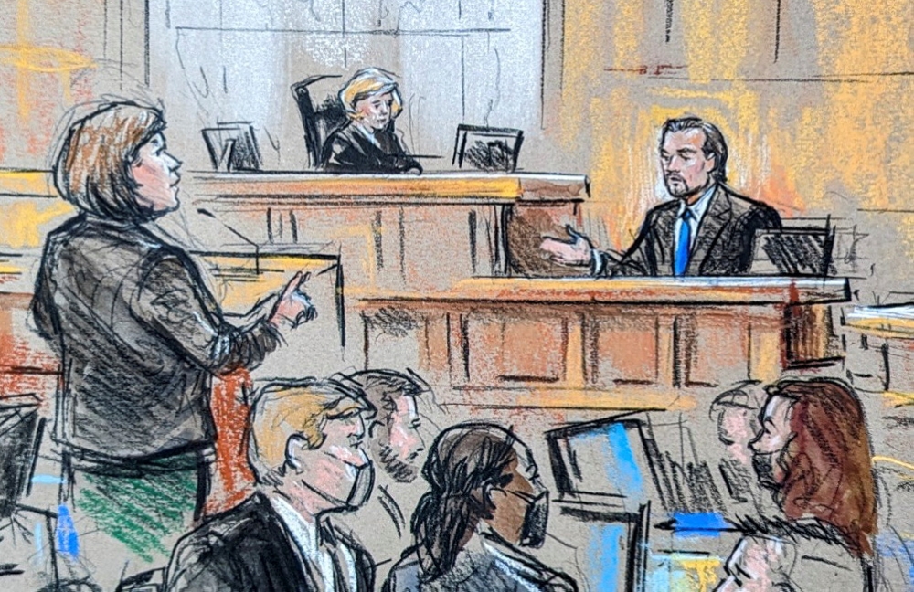 Actor Leonardo DiCaprio testifies in the trial of rapper Prakazrel ‘Pras’ Michel of The Fugees hip hop group, who is accused of illegally taking tens of millions of dollars to lobby the US government on behalf of a Malaysian financier and the Chinese government, in this courtroom sketch in US District Court in Washington April 3, 2023. — Reuters pic