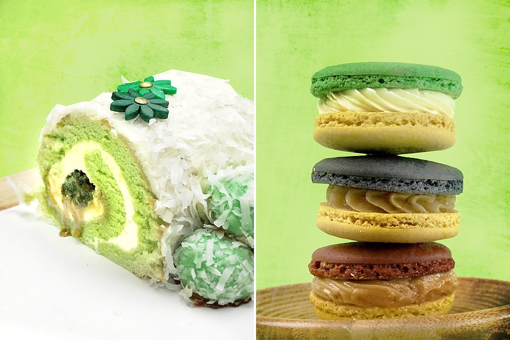 Rasa Sayang Ondeh Ondeh Roulade (left) and new Ramadan and Raya macaron flavours (right).