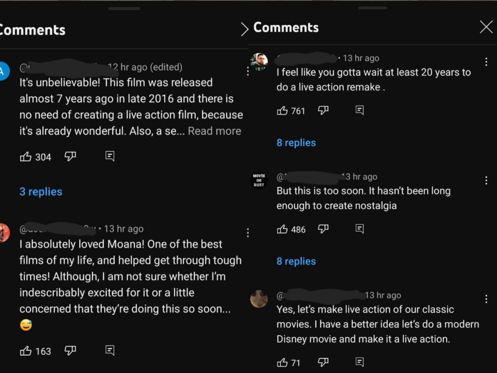 Screenshot of comments from fans of the 2016 animated Disney film, Moana. — Screenshot via Youtube/ Walt Disney Studios.