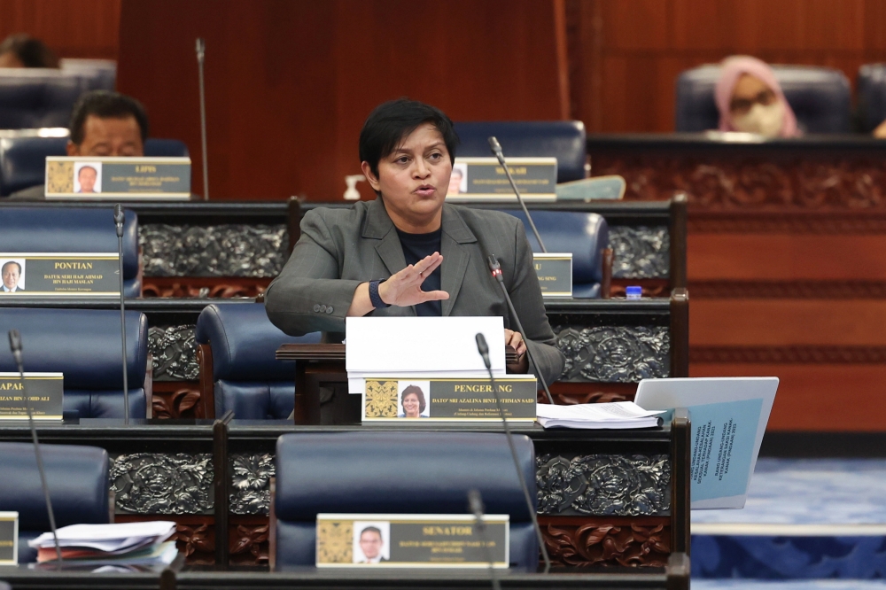 Prime Minister’s Department (Law and Institutional Reform) Datuk Seri Azalina Othman Said speaks during a Parliament sitting in Kuala Lumpur April 4, 2023. — Bernama pic