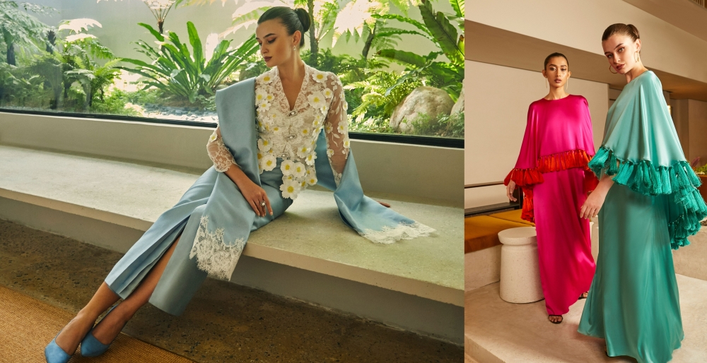 From Khoon Hooi,  Annisa (left) short kebaya with a semi-fitted lace top and the tasselled Ratu in topaz and fuchsia. — Picture courtesy of Khoon Hooi