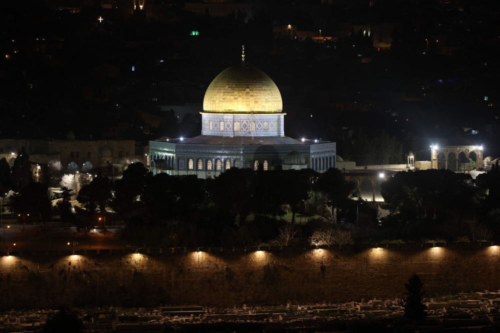 This picture taken from the Mount of Olives shows the Dome of the Rock shrine in Jerusalem's Old City during clashes with Palestinians in Al-Aqsa Mosque on April 5, 2023. — AFP pic