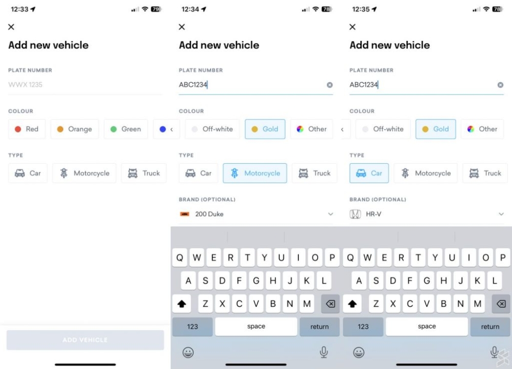 To create a new vehicle profile, just tap on the car or logo icon in the top right corner