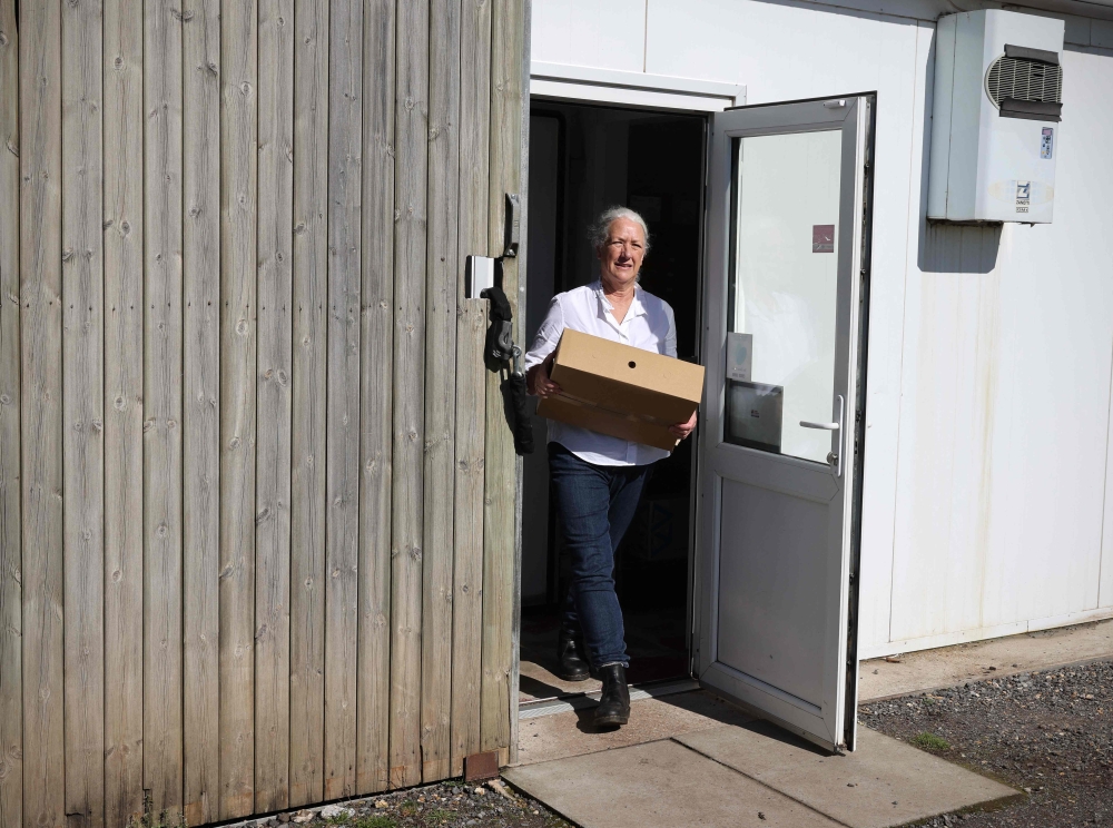 Stacey Hedges, Owner and Founder of Hampshire Cheese Company carries a box of Tunworth cheese to an awaiting delivery van at the Hampshire Cheese Company near Basingstoke in Hampshire south east England, on March 14, 2023. — AFP pic