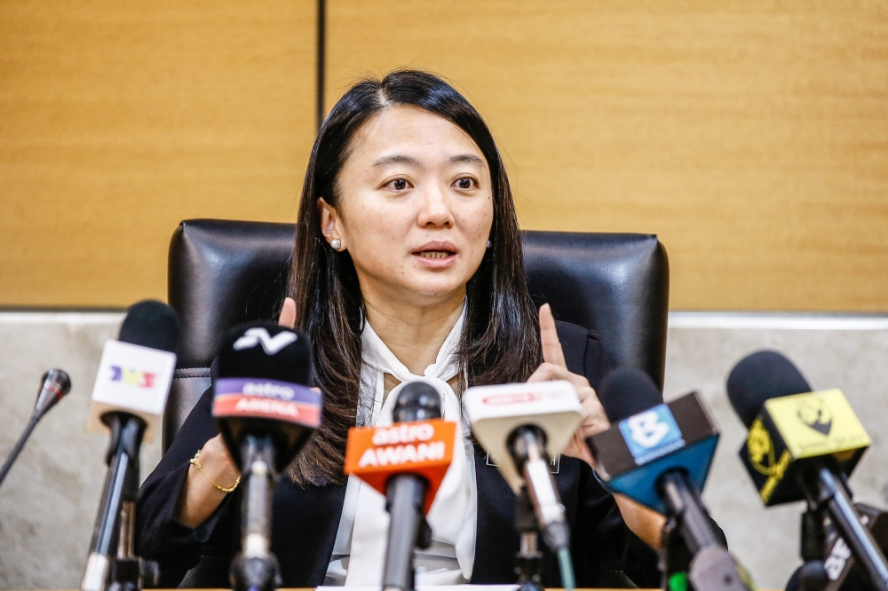 Youth and Sports Minister Hannah Yeoh speaks during a press conference in Putrajaya April 7, 2023. ― Picture by Hari Anggara