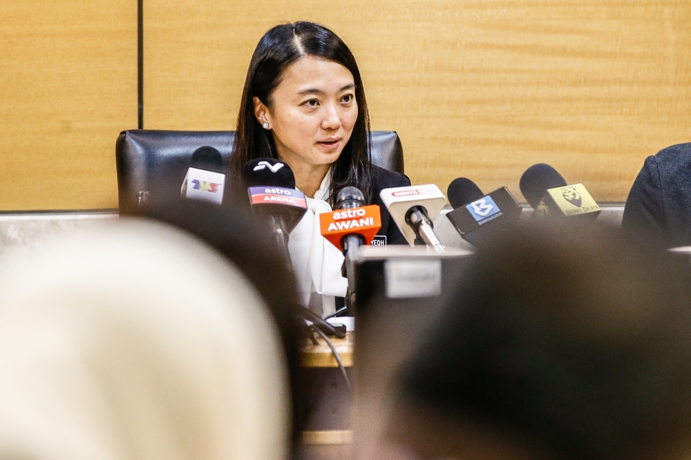 Youth and Sports Minister Hannah Yeoh speaks during a press conference in Putrajaya April 7, 2023. ― Picture by Hari Anggara