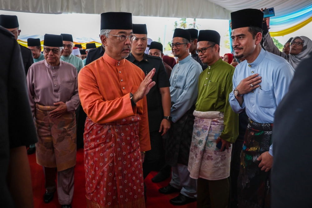 Yang di-Pertuan Agong Al-Sultan Abdullah Ri’ayatuddin Al-Mustafa Billah Shah attends the official opening of Ar Rahmani Jamek Mosque in Kampung Banggol, Kepala Batas, Tasek Gelugor April 7, 2023. — Bernama pic