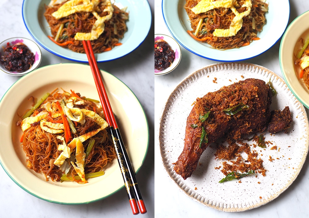 Fried 'beehoon' makes a nice meal with its simple soy flavour profile and vegetables plus dried prawns (left). The fried chicken is a chunky portion that features juicy meat and it's served with fried lemongrass and curry leaves (right).