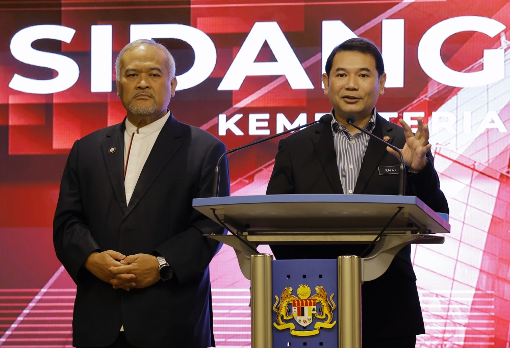 Economy Minister Rafizi Ramli delivers a speech at the Special Task Force to Facilitate Business (Pemudah) meeting in Putrajaya April 10, 2023. — Bernama pic