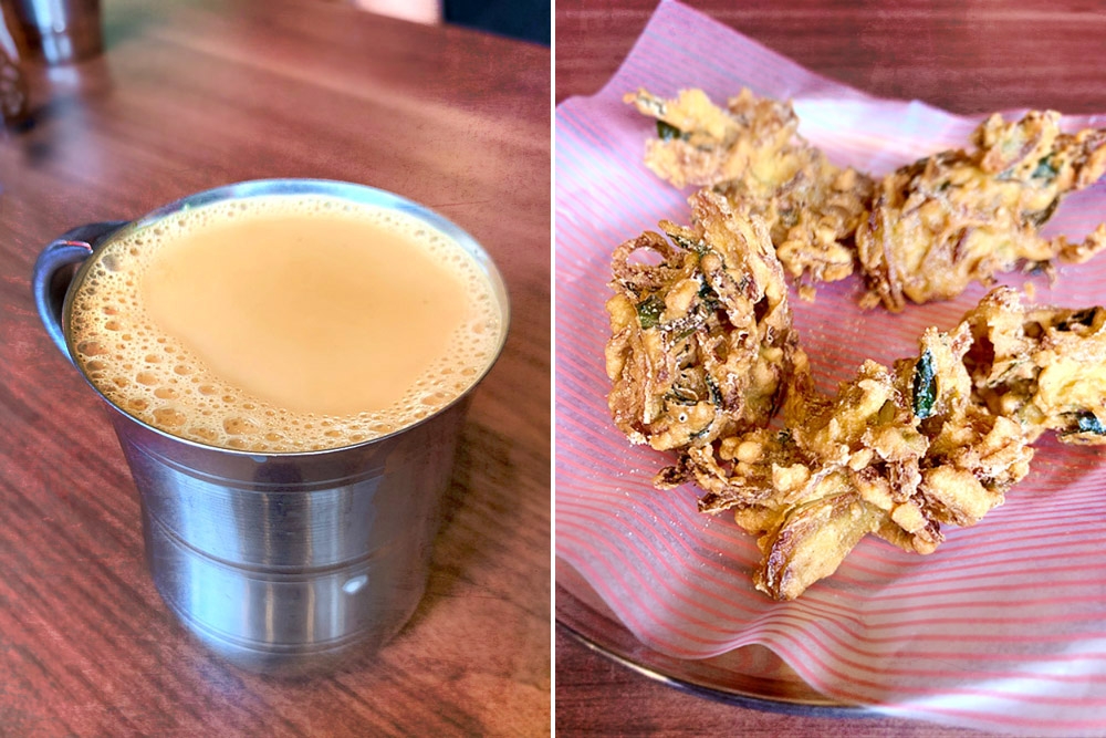 'Masala chai' (left) and 'pakoras' (right).