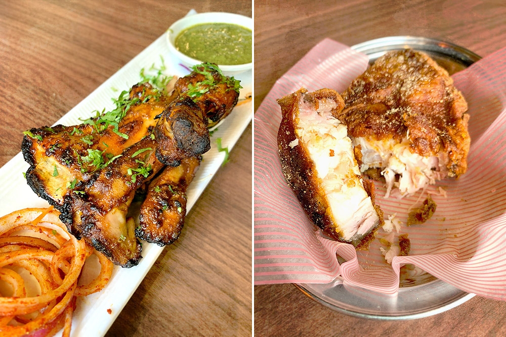 Tandoori chicken (left) and 'masala' fried fish (right).
