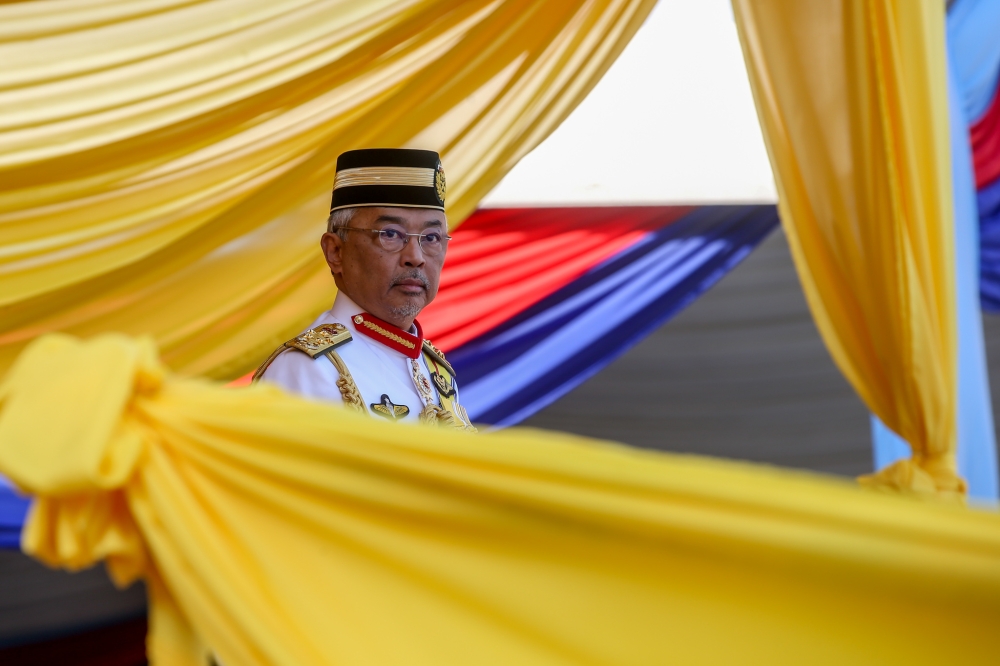 Yang di-Pertuan Agong Al-Sultan Abdullah Ri’ayatuddin Al-Mustafa Billah Shah attends the Trooping the Colour at Dataran Pahlawan Negara in Precinct 1 June 10, 2022. — Picture by Ahmad Zamzahuri