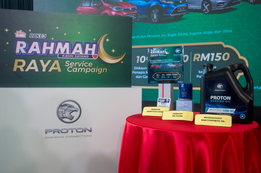 A service campaign pack is seen on display during the launch of the 2023 Proton Rahmah Campaign at Proton 3S Platinum Flagship Outlet, IOI City Mall, Putrajaya April 12, 2023. — Picture by Shafwan Zaidon