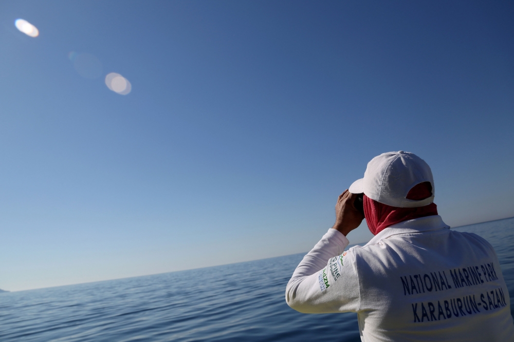 A biodiversity guard, looks through binoculars the coast of Karaburun peninsula, the habitat used by Mediterranean monk seals (Monachus monachus). — AFP pic