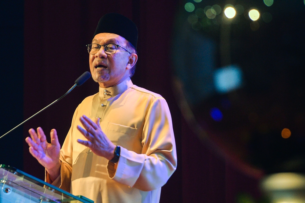 Prime Minister Datuk Seri Anwar Ibrahim speaks during the launch of Karya Agung Melayu in Wisma DBP April 17, 2023. — Picture by Miera Zulyana