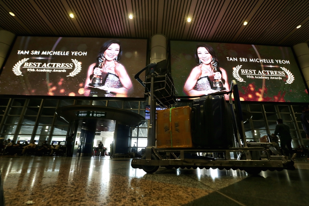 KLIA displayed welcome home messages to Tan Sri Michelle Yeoh as she returned to Malaysia for her fan meet tomorrow. — Picture by Choo Choy May