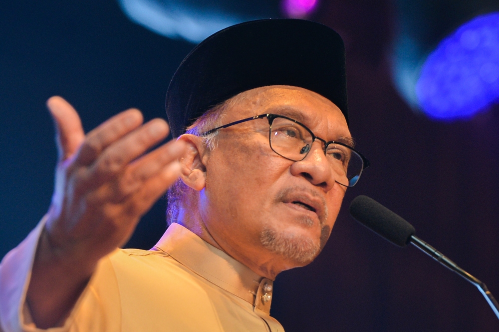 Prime Minister Datuk Seri Anwar Ibrahim speaks during the launch of Karya Agung Melayu in Wisma DBP April 17, 2023. — Picture by Miera Zulyana
