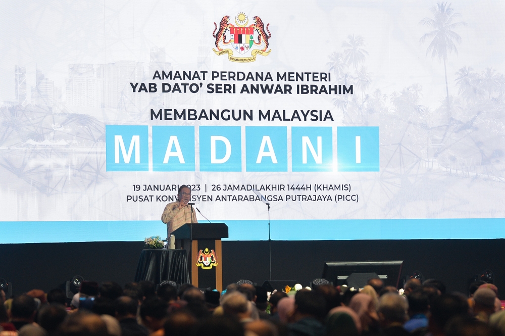 File picture of Prime Minister Datuk Seri Anwar Ibrahim delivering his speech at the Discourse on Developing a Madani Nation at PICC in Putrajaya January 19, 2023. — Picture by Miera Zulyana