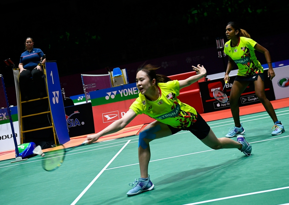 File picture of Pearly Tan-M. Thinaah in action against Japanese pair Mayu Matsumoto-Wakana Nagahara in the quarter-finals of the Super 300 tournament July 9, 2022. — Bernama pic