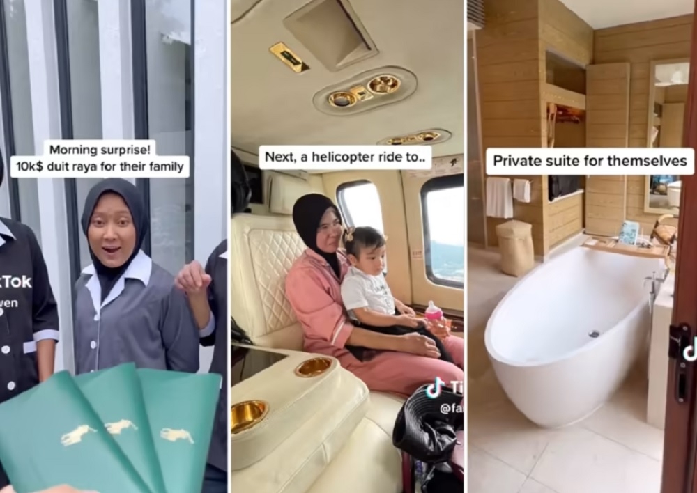 Ms Farah MJ's TikTok video showed a day of surprises for her three domestic workers, from receiving cash gift (left) to taking a helicopter ride (centre) to checking into a resort suite in Johor, Malaysia (right). — Pictures via Tiktok/farahwen