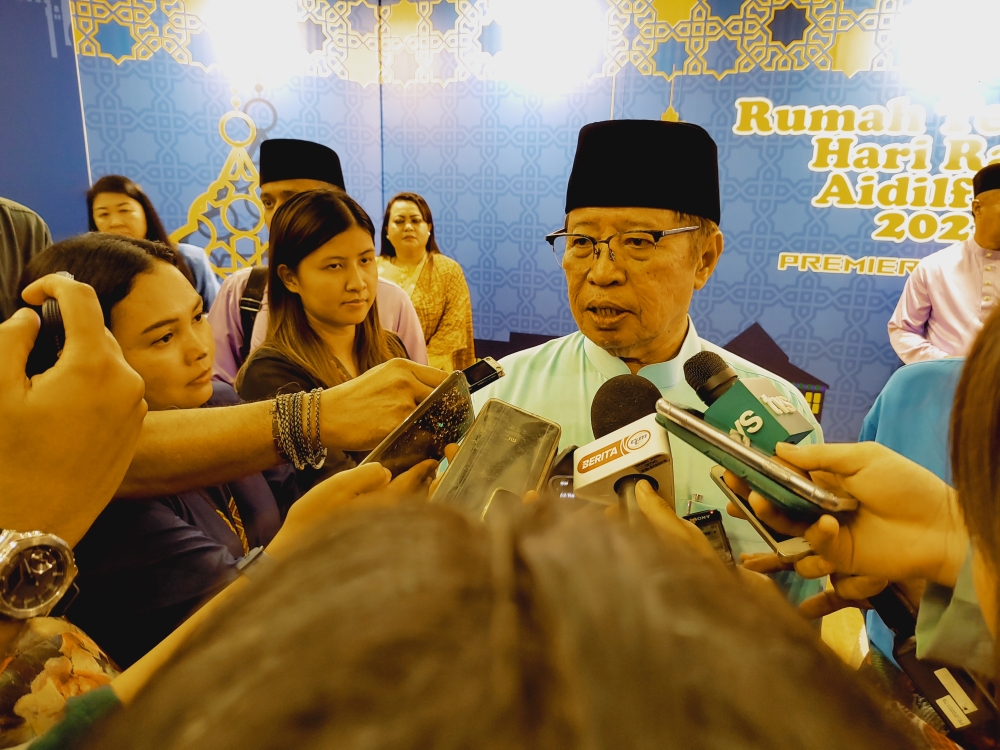Sarawak Premier Tan Sri Abang Johari Openg speaks to reporters in Kuching April 22, 2023. — Picture by Sulok Tawie