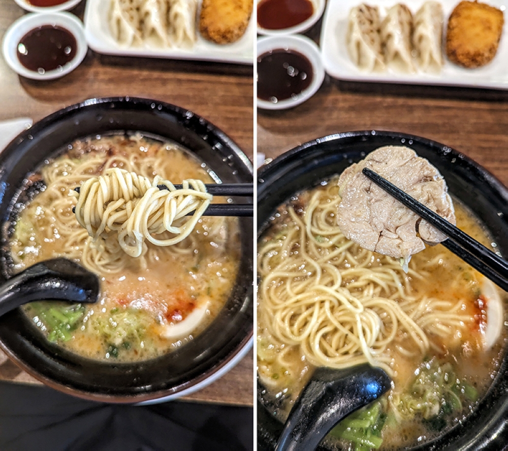 The thin noodles are my preference that offers a satisfying chewing and slurping experience. (left) I love the piece of tender and juicy chicken you get with the ramen. (right)