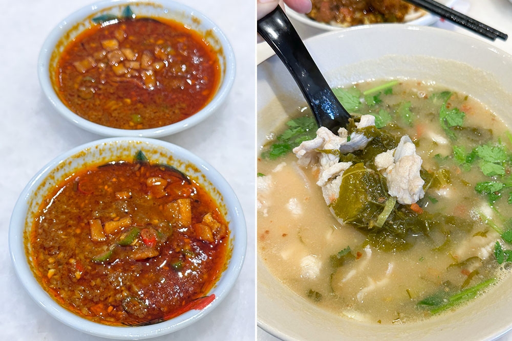 With your supreme curry noodles, you get this killer chilli sauce with fried lard, garlic and chopped chillies that turns everything it touches into an umami bomb (left). The unique Pickled Pork Belly Noodles is incredibly appetising with the use of Ipoh sourced 'ham choy' (right).