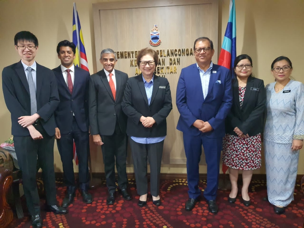 Menon (third left) with Liew (on his left), after the meeting. Also in the photo are Deputy state Tourism, Culture and Environment Minister Datuk Joniston Bangkuai (third right) and the Singapore High Commission’s First Secretary Warran Kalasegaran (second left) and First Secretary Darren Kee Wei Jian (first left). — Picture courtesy of Sabah Tourism, Culture and Environment Ministry