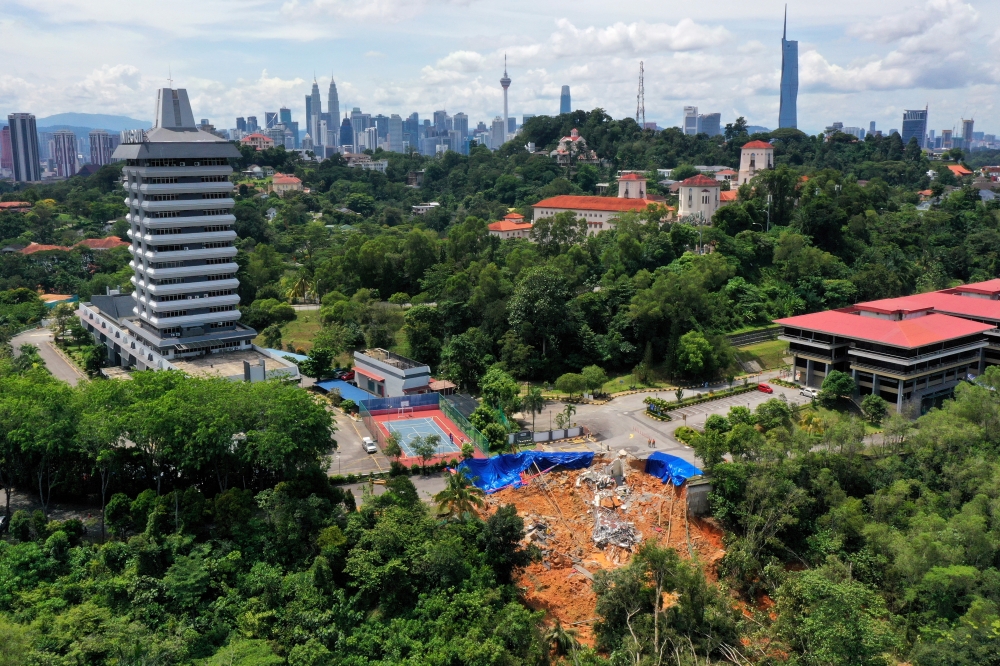 An aerial view of the landslide scene in front of the Malaysian Anti-Corruption Academy (MACA), April 27, 2023. — Bernama pic