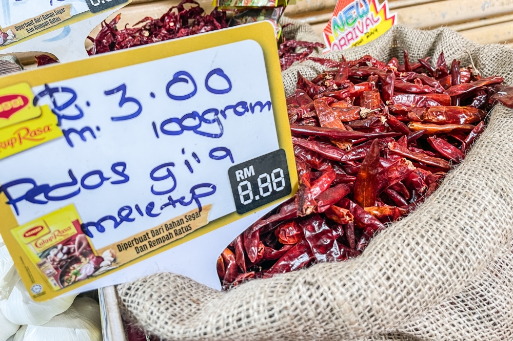 Really spicy ‘pedas gila meletup’ dry chillies are usually straight and shiny like the ones seen sold at the Jalan Othman Market in Petaling Jaya, April 25, 2023. — Picture by Hari Anggara