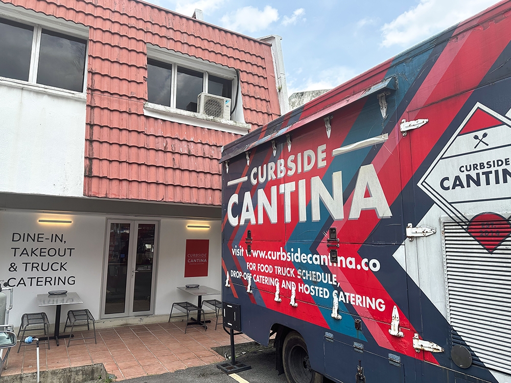 You can't miss the iconic red and black food truck in front of Curbside Cantina