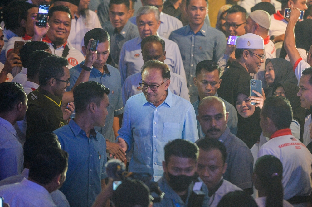 Prime Minister Datuk Seri Anwar Ibrahim arrives at the federal-level May Day celebration in Putrajaya May 1, 2023. ― Picture by Miera Zulyana