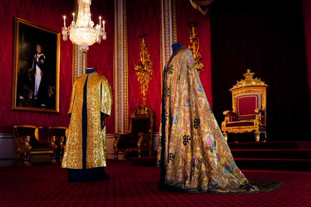 A view of the Coronation Vestments, comprising of the Supertunica and the Imperial Mantle, which will be worn by Britain’s King Charles during his coronation at Westminster Abbey, displayed in the Throne Room at Buckingham Palace, London April 26, 2023. — Picture by Victoria Jones/Pool via Reuters