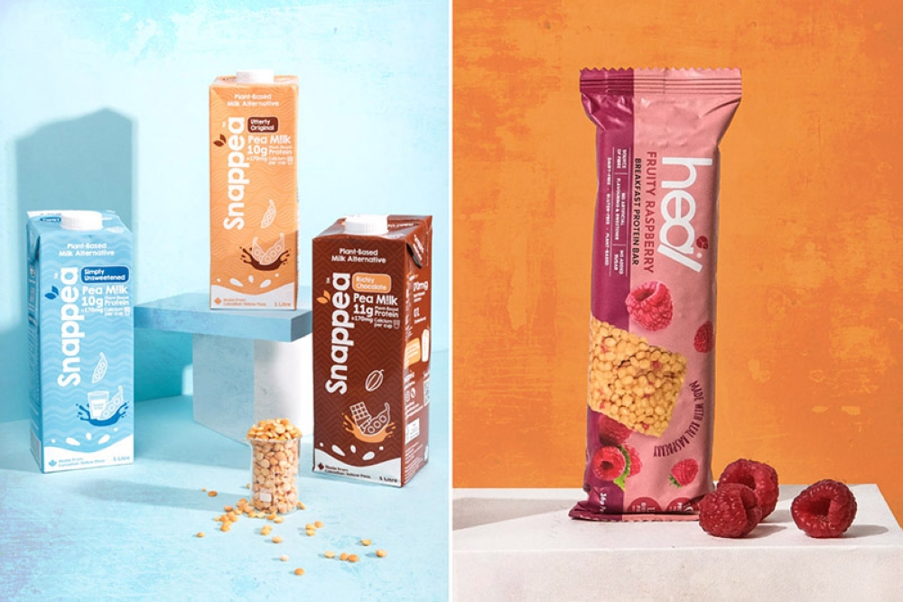 Snappea, a vegan and dairy-free pea milk (left). Heal Nutrition’s newly launched Breakfast Protein Bar (right).