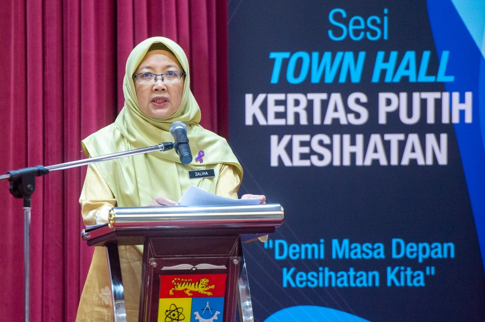 File photo of Health Minister Dr. Zaliha Mustafa delivering her speech during the Health White Paper town hall session at UKM Specialist Children's Hospital in Kuala Lumpur, 18 April 2023. — Picture by Shafwan Zaidon