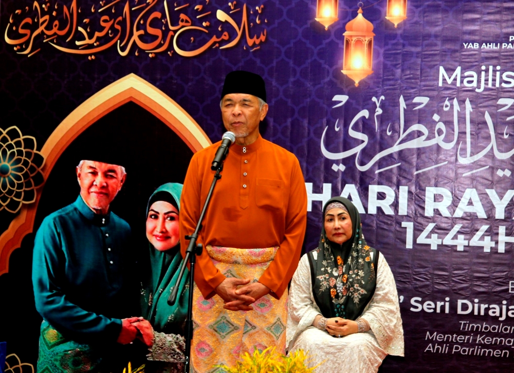 Deputy Prime Minister Datuk Seri Ahmad Zahid Hamidi gives his speech at the Aidilfitri celebrations at Tuminah Hamidi Mosque in Bagan Datuk May 6, 2023. — Bernama pic