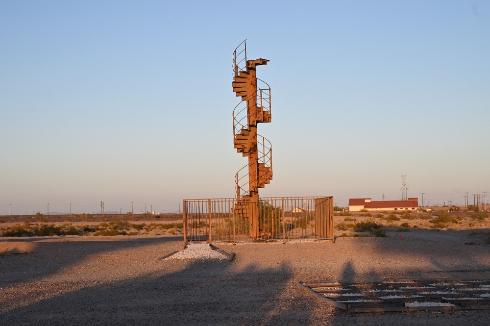 A 25-foot-tall section of the original stairway of the Eiffel Tower in Paris is seen near the entrance to the Museum of History in Granite, in Felicity, California on April 11, 2023. — AFP pic