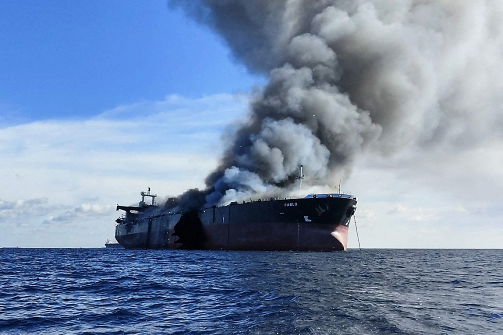 The tanker MT Pablo registered in Gabon, Africa, caught fire about 37.5 nautical miles northeast of Tanjung Sedili, Kota Tinggi on May 1. — Picture courtesy of MMEA via AFP