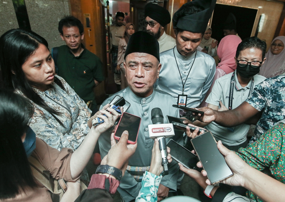 Perak Menteri Besar Datuk Seri Saarani Mohamad speaks to reporters after attending the Perak Darul Ridzuan Building’s Hari Raya Open House inIpoh May 10, 2023. — Picture by Farhan Najib