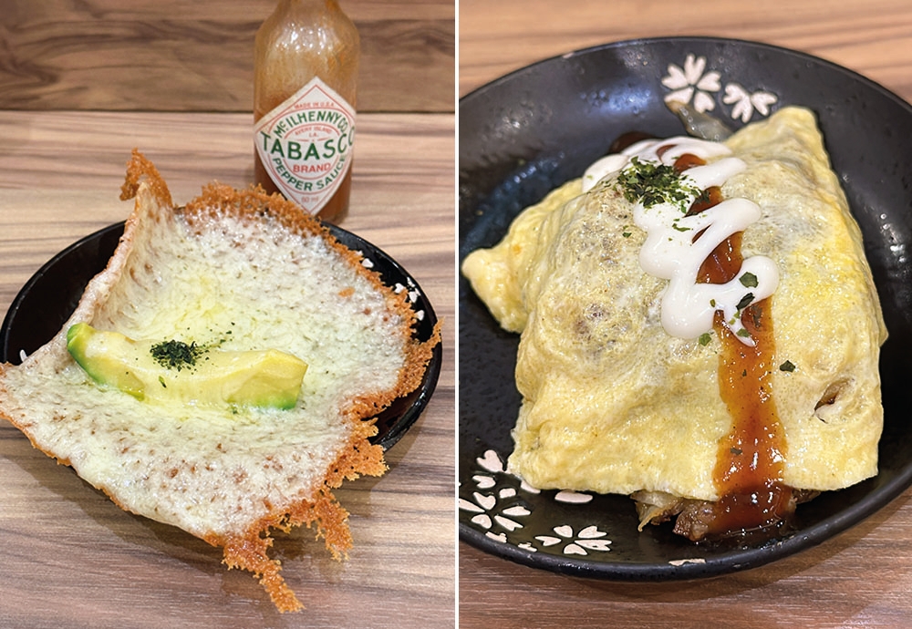 Fold the avocado cheese to get a crunchy taco with the soft ripe avocado (left). The mini omelette is filled with pork belly slices (right).