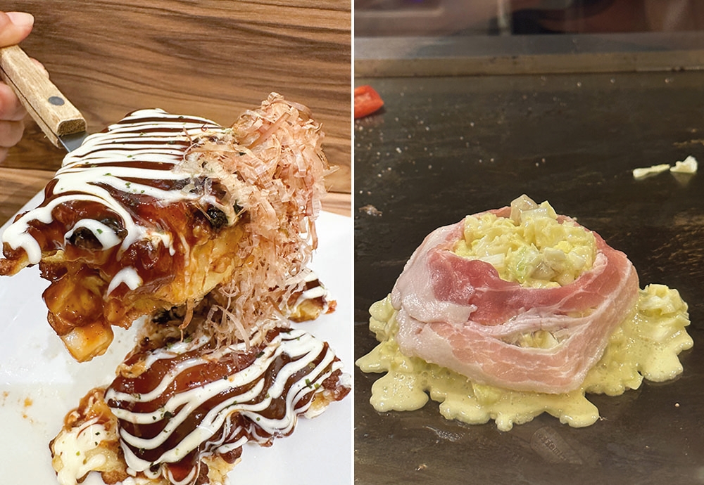 With a crisp layer on top and bottom, the inside has a fluffy texture and slightly crunchy cabbage (left). If you sit at the counter, watch how your okonomiyaki is made on the teppan grill (right).
