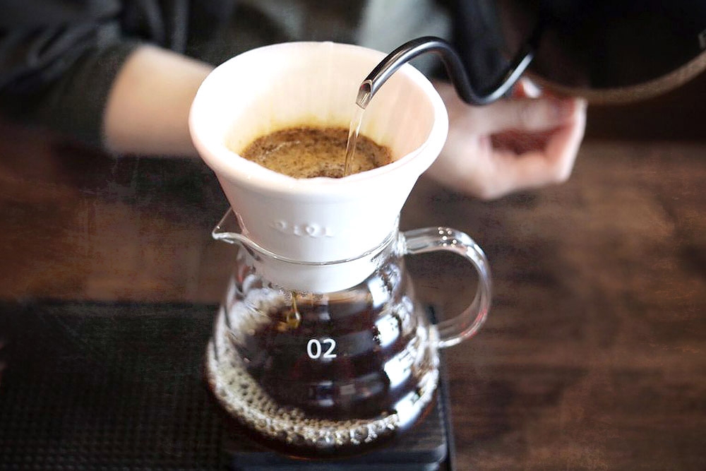 Brewing with a dripper to make pour-over coffee.