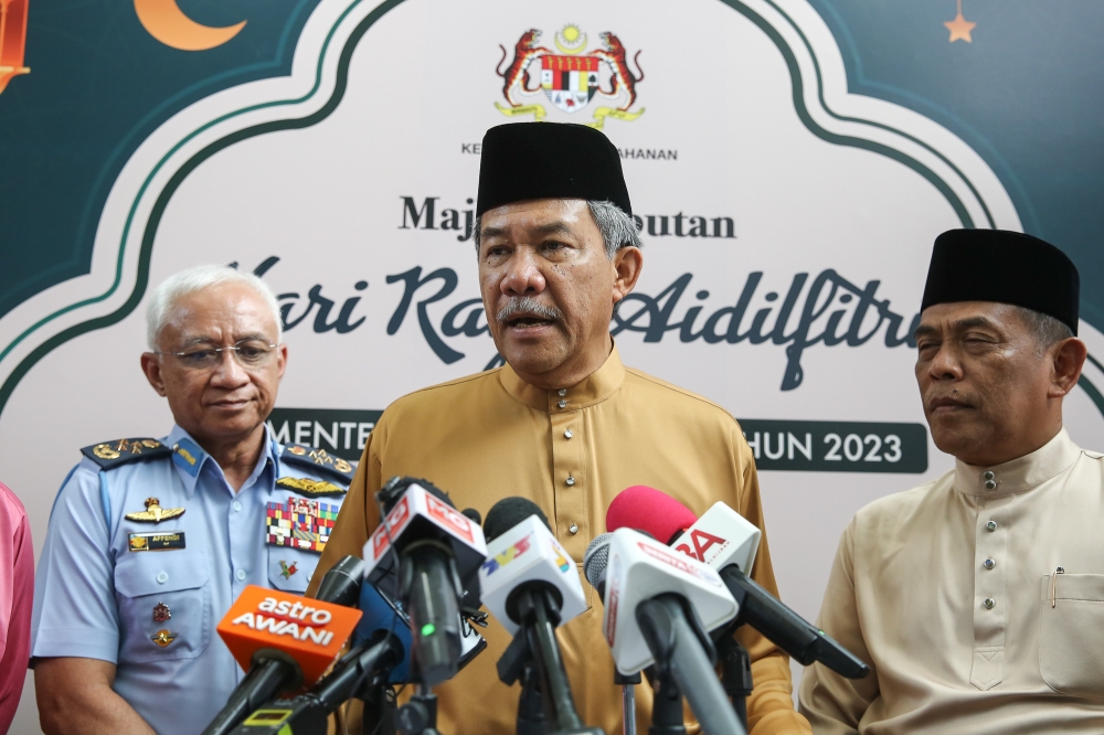 Defence Minister Datuk Seri Mohamad Hasan speaks during a press conference at ‘Majlis Ramah Mesra Aidilfitri 20203’ at Kementah Camp in Kuala Lumpur May 2, 2023. — Picture by Yusof Mat Isa