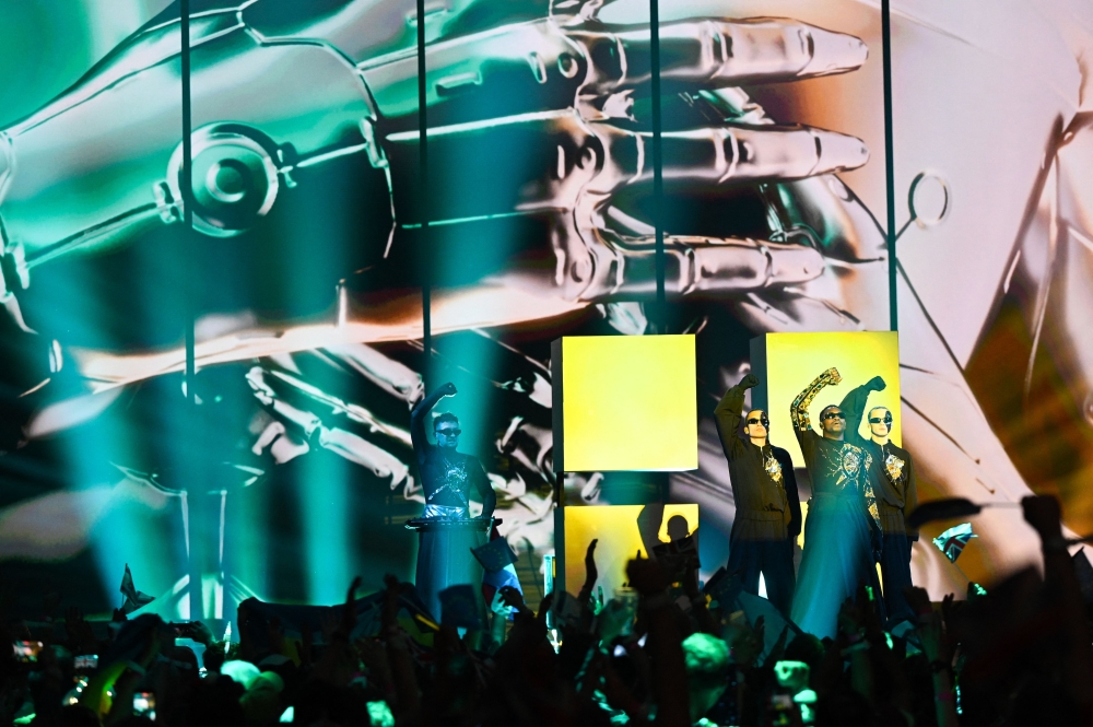Music duo Tvorchi performs on behalf of Ukraine during the final of the Eurovision Song Contest. — AFP pic