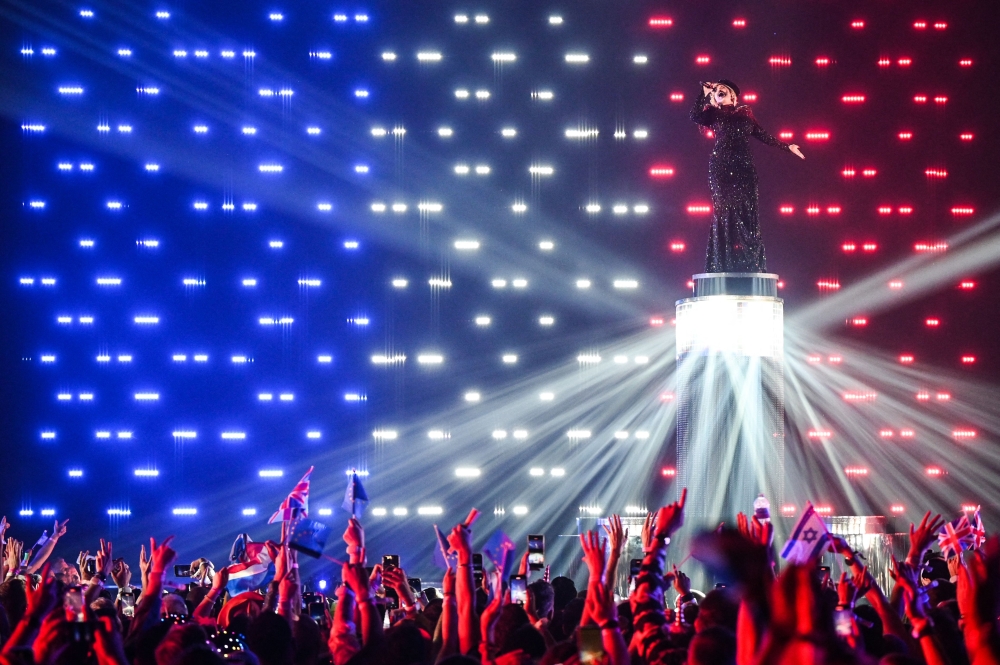 Singer and songwriter La Zarra performs on behalf of France during the final of the Eurovision Song Contest. — AFP pic
