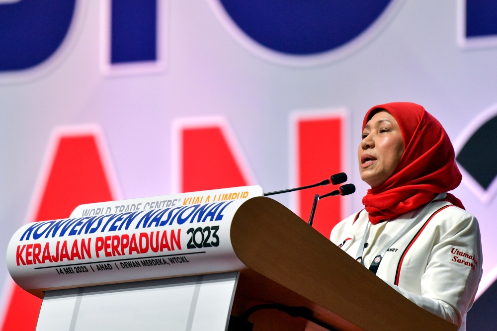 Parti Pesaka Bumiputera Bersatu (PBB) Sarawak Wanita vice-chief Datuk Seri Nancy Shukri delivers a speech during the Unity Government National Convention at World Trade Centre Kuala Lumpur May 14, 2023. — Bernama pic