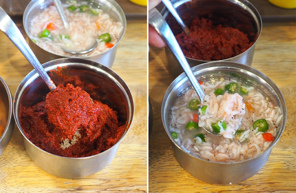 You're given 'ssamjang' to amp up the flavour of the blanched pork slices (left). There's also fermented shrimp for a salty dip to eat with the pork slices (right)