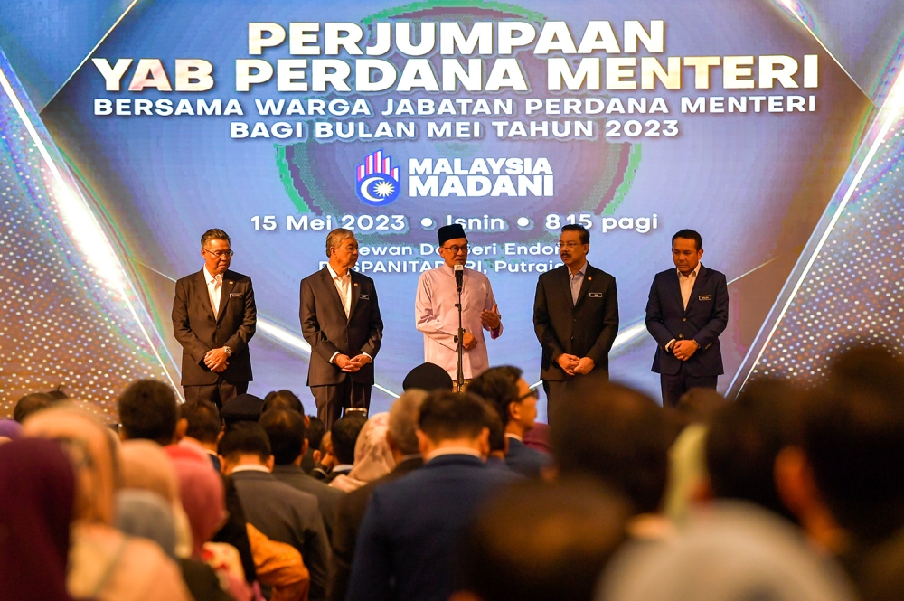Prime Minister Datuk Seri Anwar Ibrahim speaks during the Prime Minister's Department monthly assembly in Putrajaya May 15,2023. — Picture by Miera Zulyana